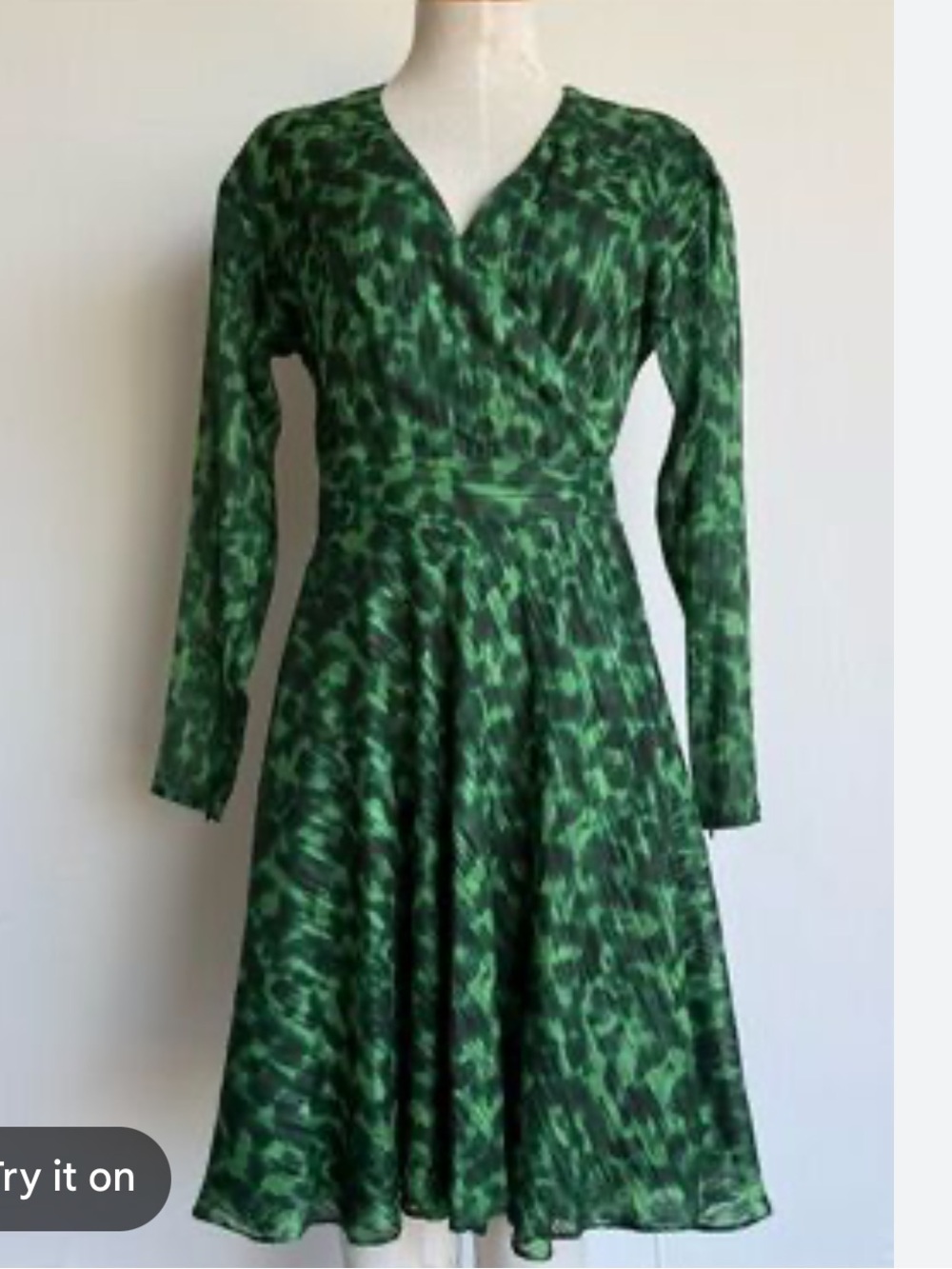NWT Marchesa Notte Green Printed Long-Sleeve Fit-and-Flare Dress